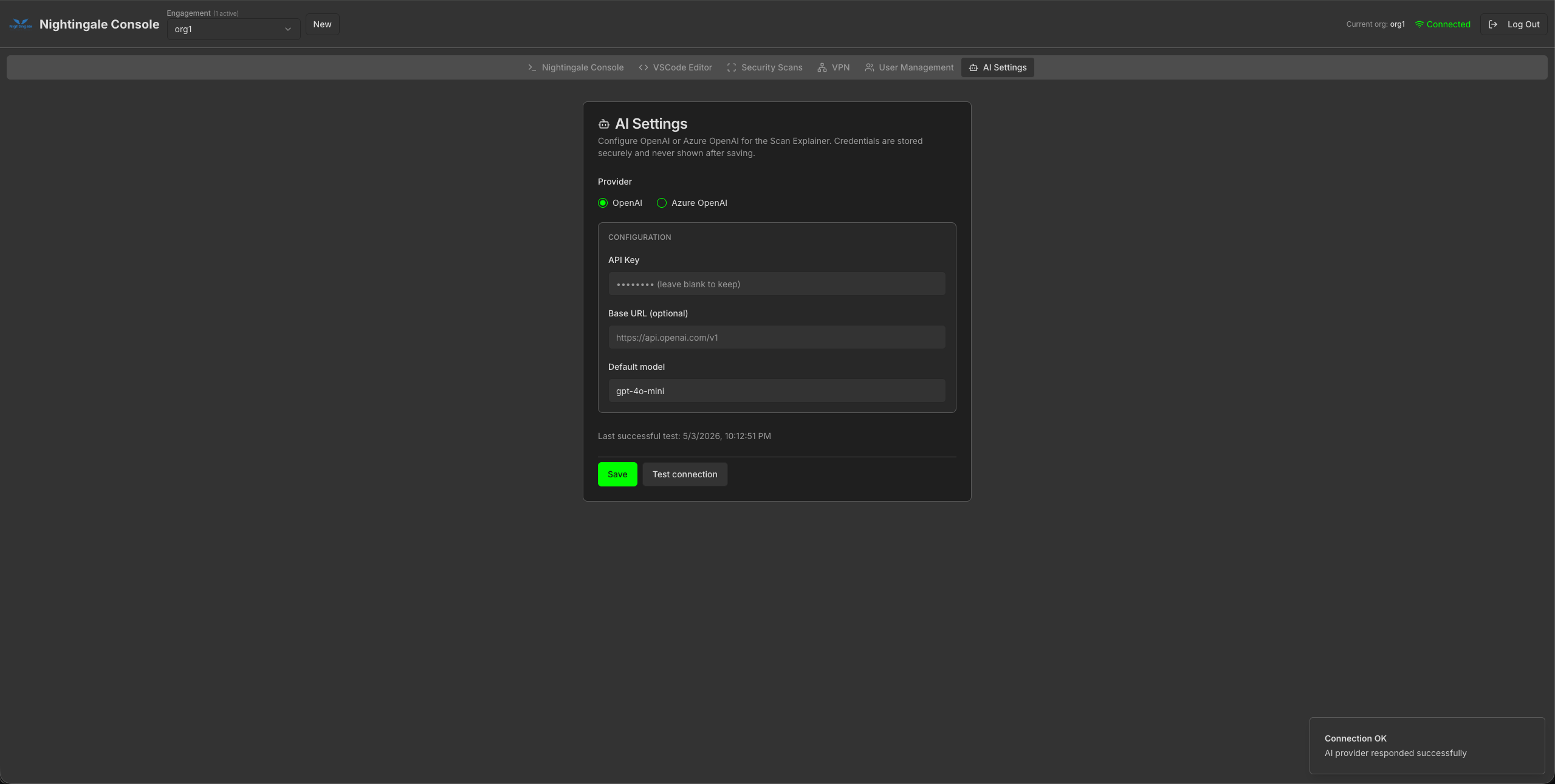 org1 AI Settings with OpenAI configured and connection test success