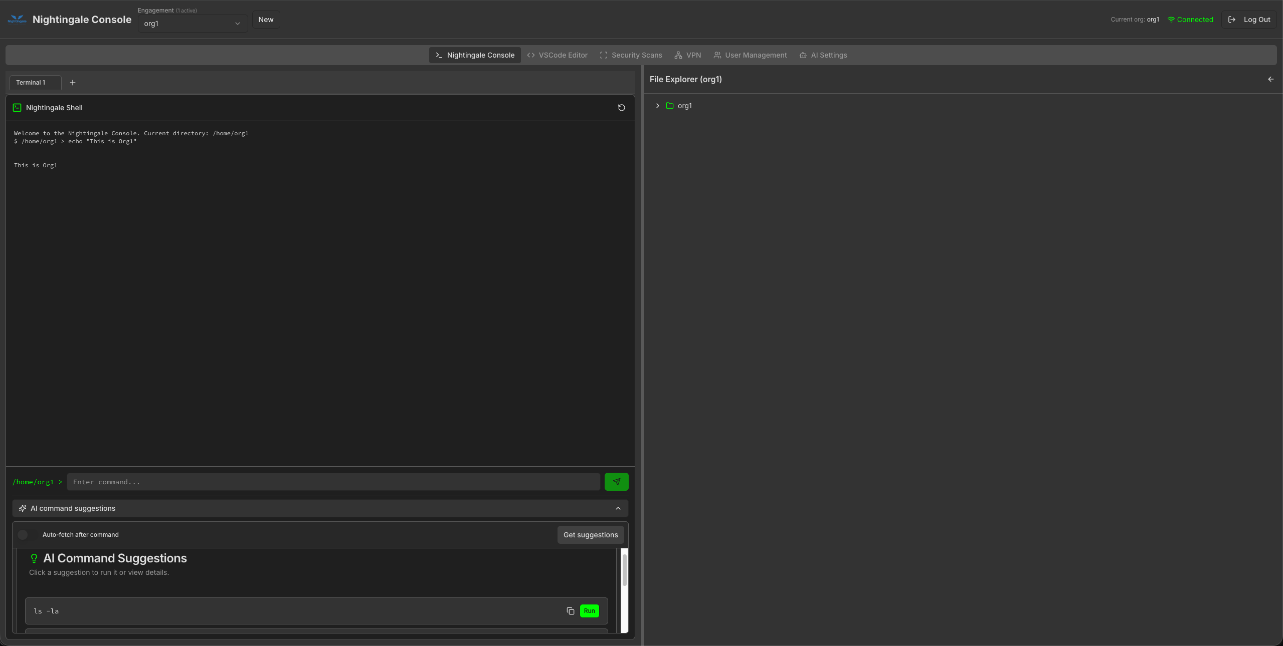 Nightingale Console for org1: shell at /home/org1 and file explorer