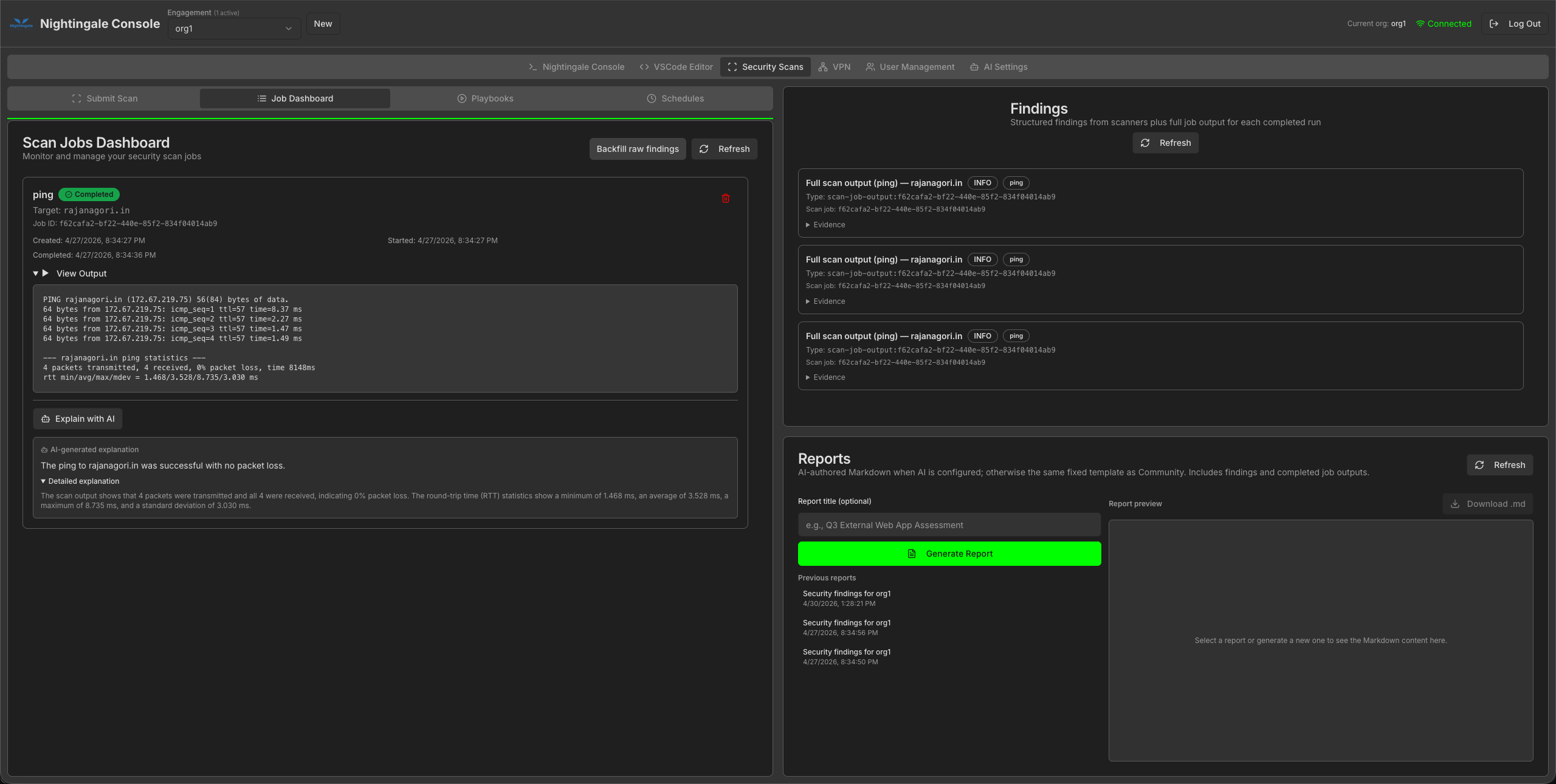 org1 Job Dashboard with ping output and AI-generated explanation