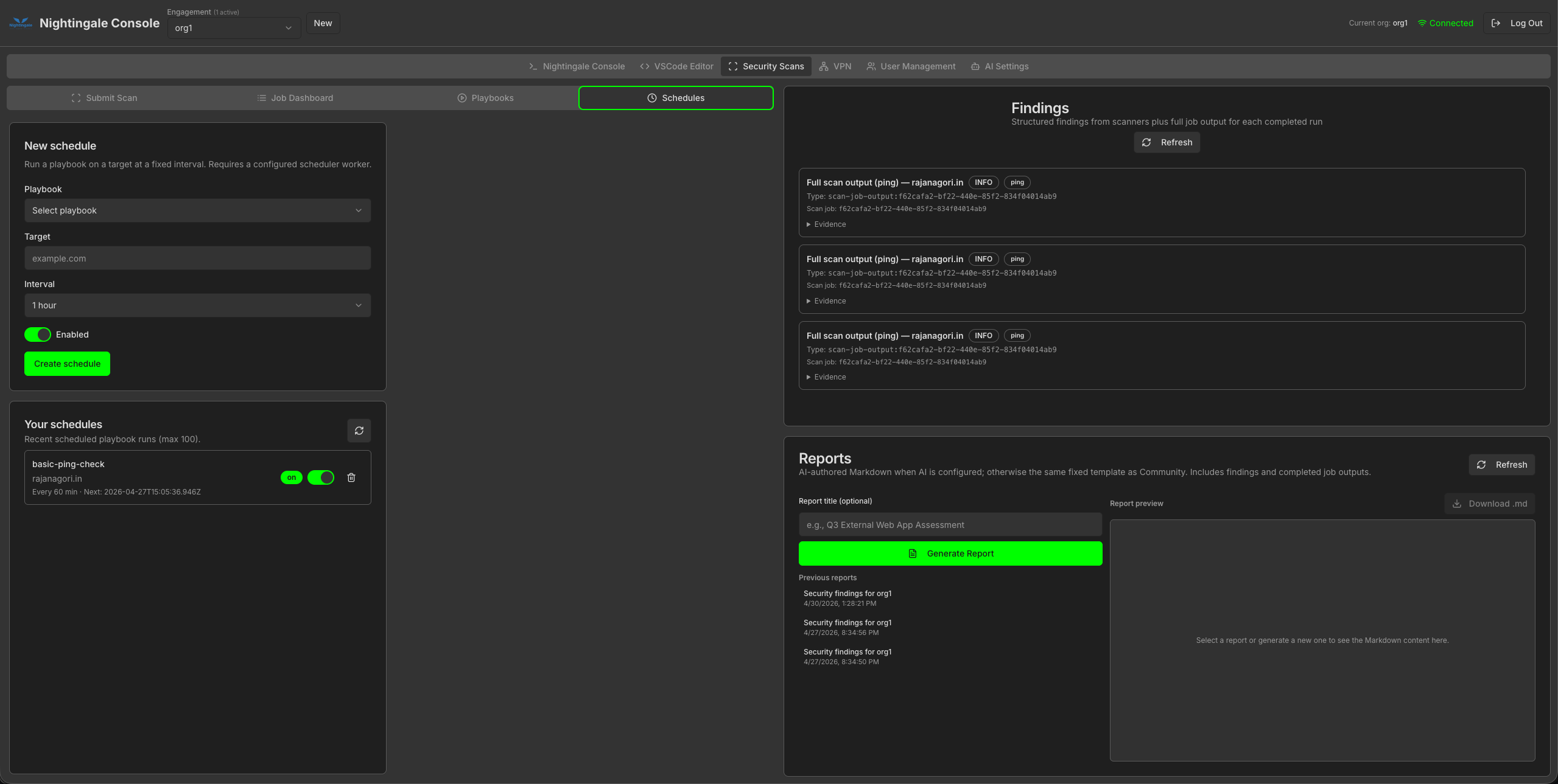 org1 Schedules: recurring ping check with report preview pane awaiting selection
