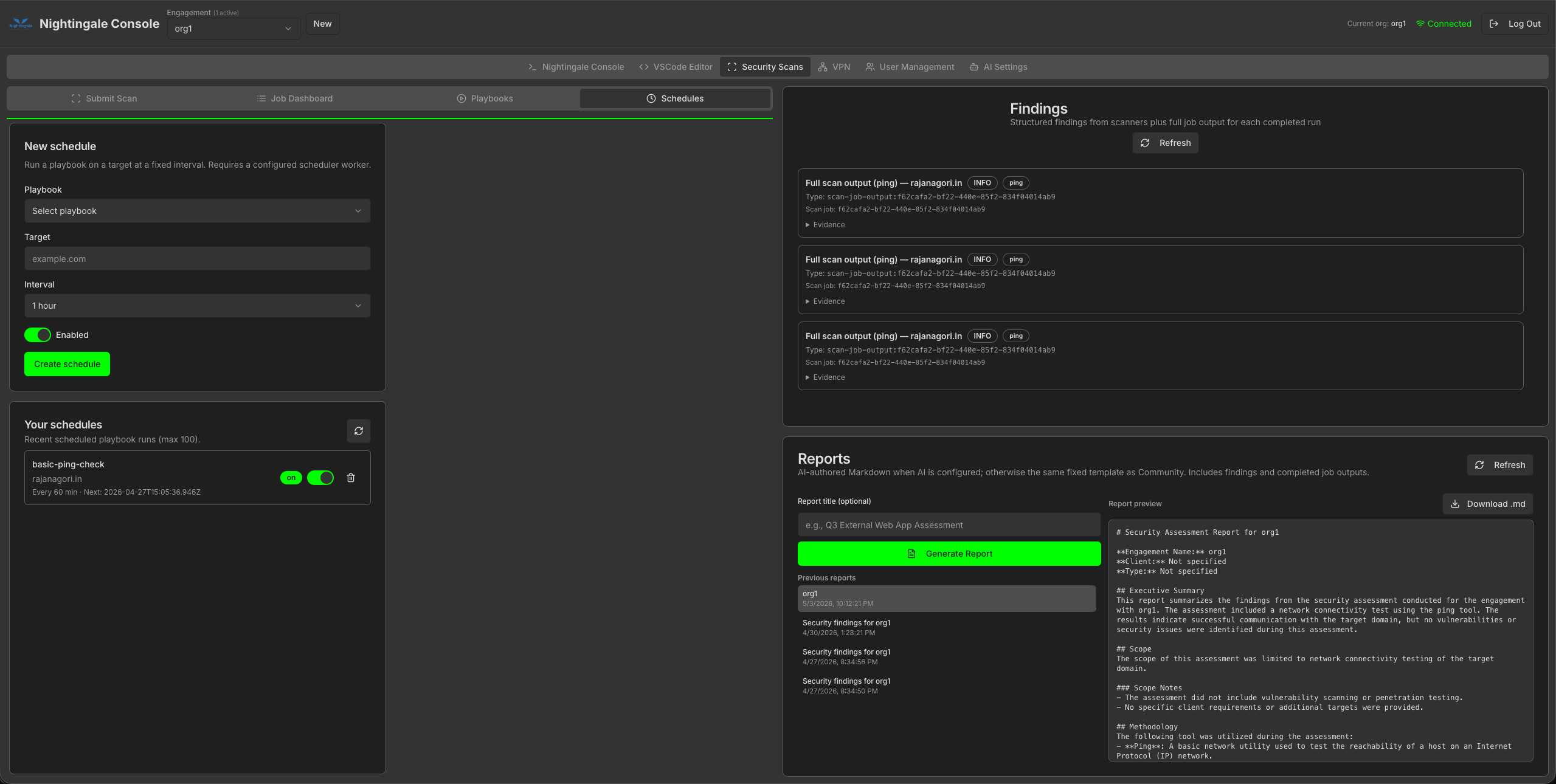 org1 Schedules with basic-ping-check and Markdown report preview