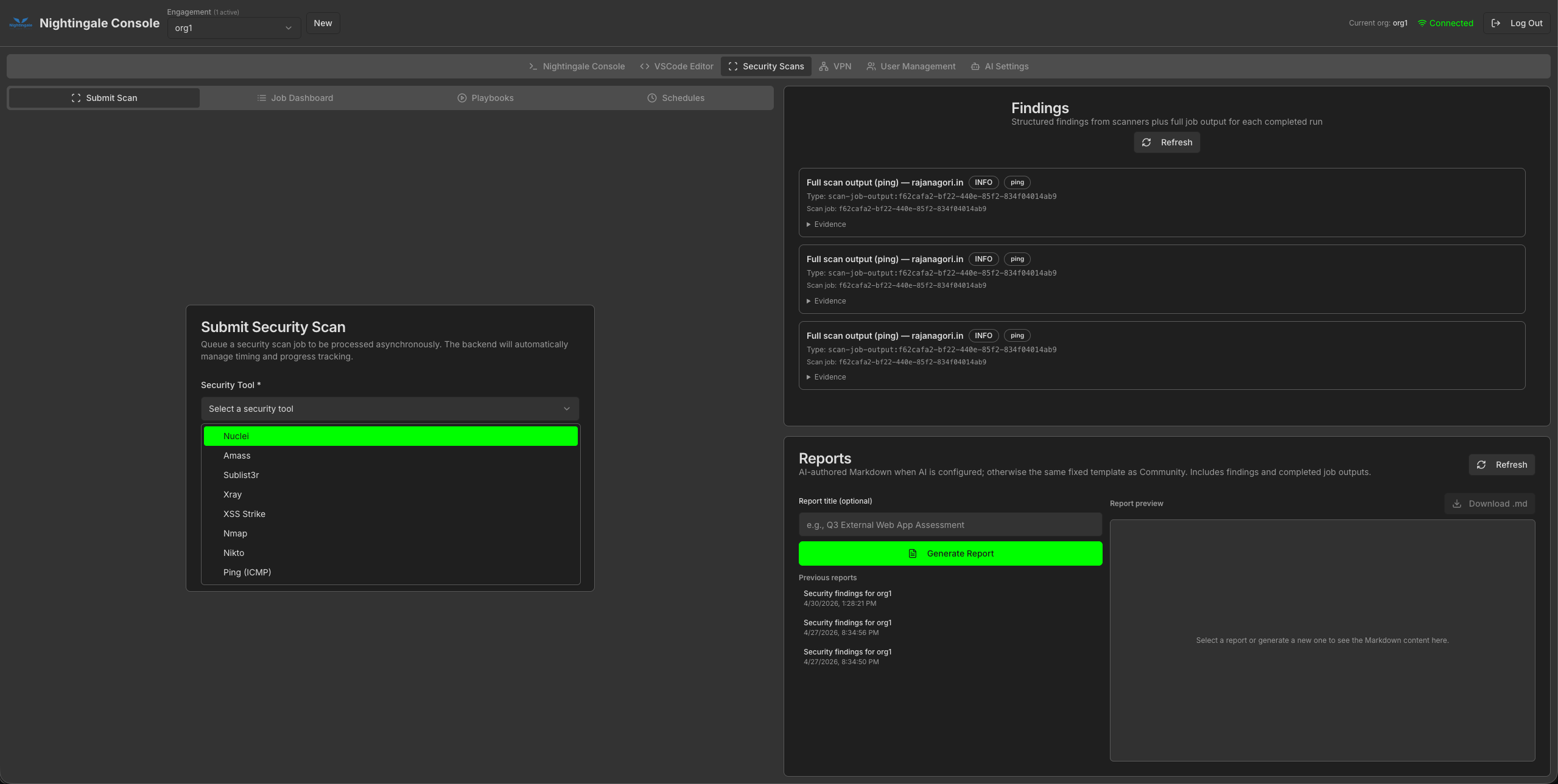 org1 Security Scans: Submit Scan with tool list and Nuclei highlighted