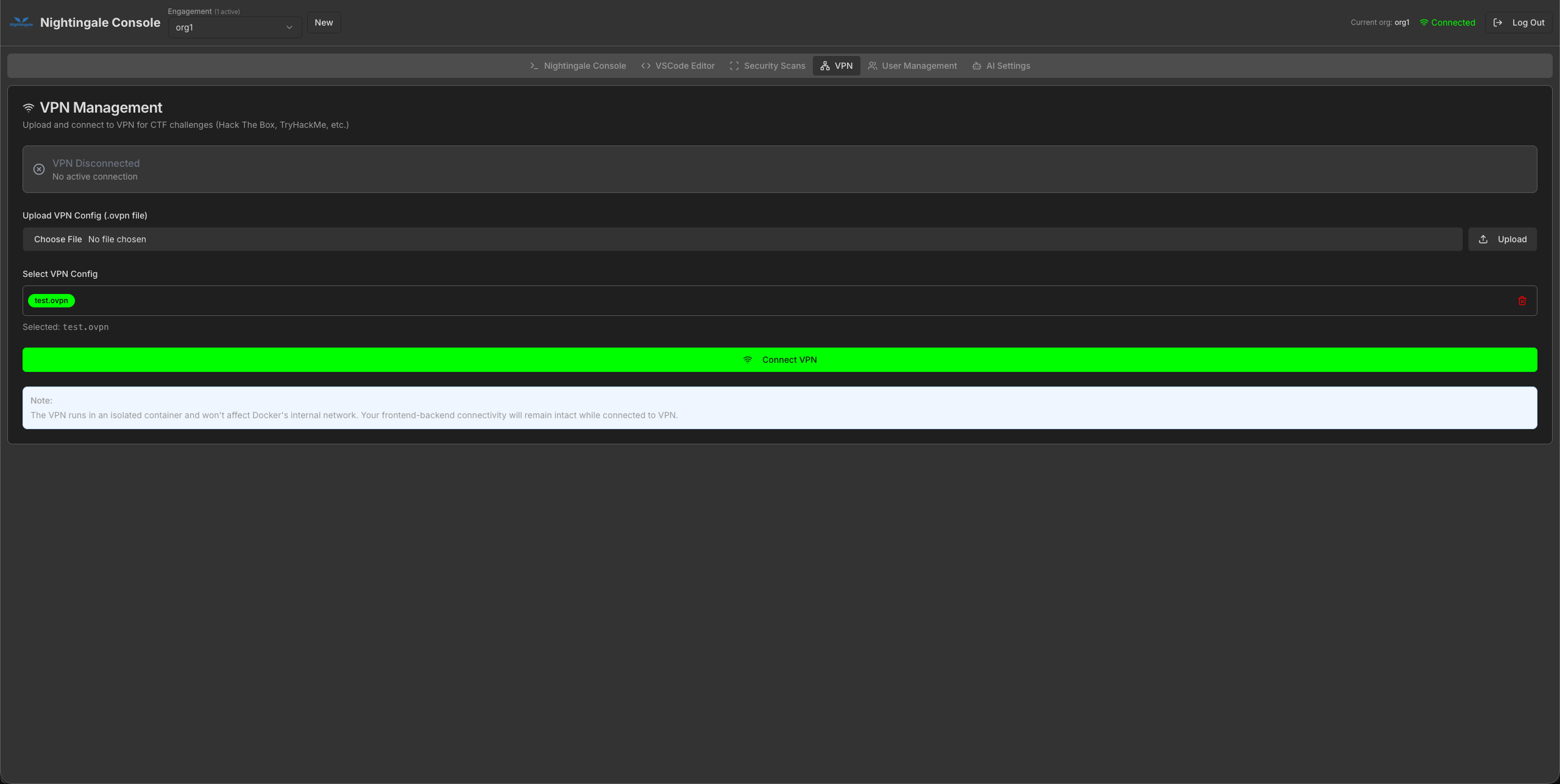 org1 VPN Management with test.ovpn selected and Connect VPN