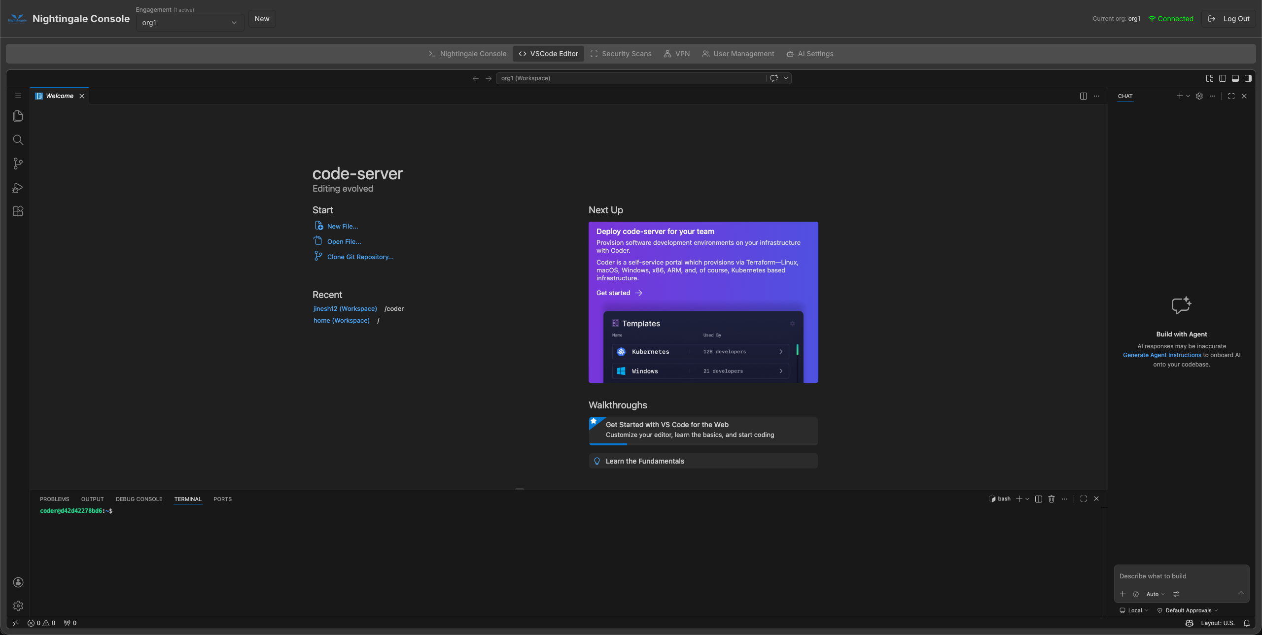 Embedded VS Code for org1 with welcome page, AI chat, and terminal