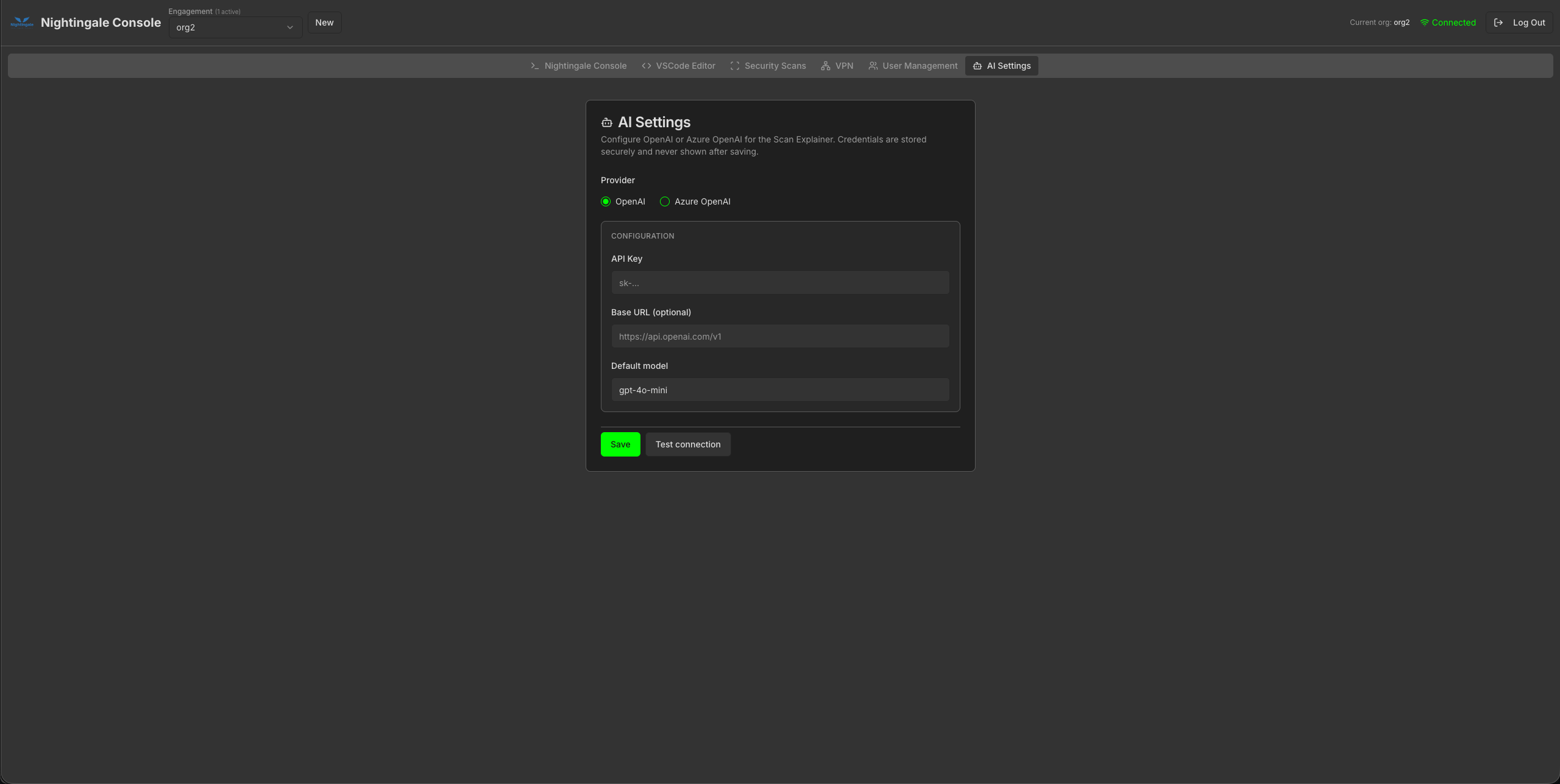 org2 AI Settings configuring OpenAI for Scan Explainer