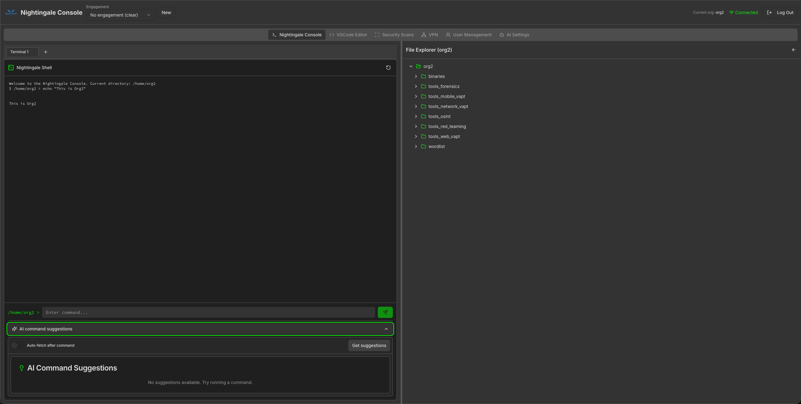 Nightingale Console for org2: shell at /home/org2 with tool folders in file explorer