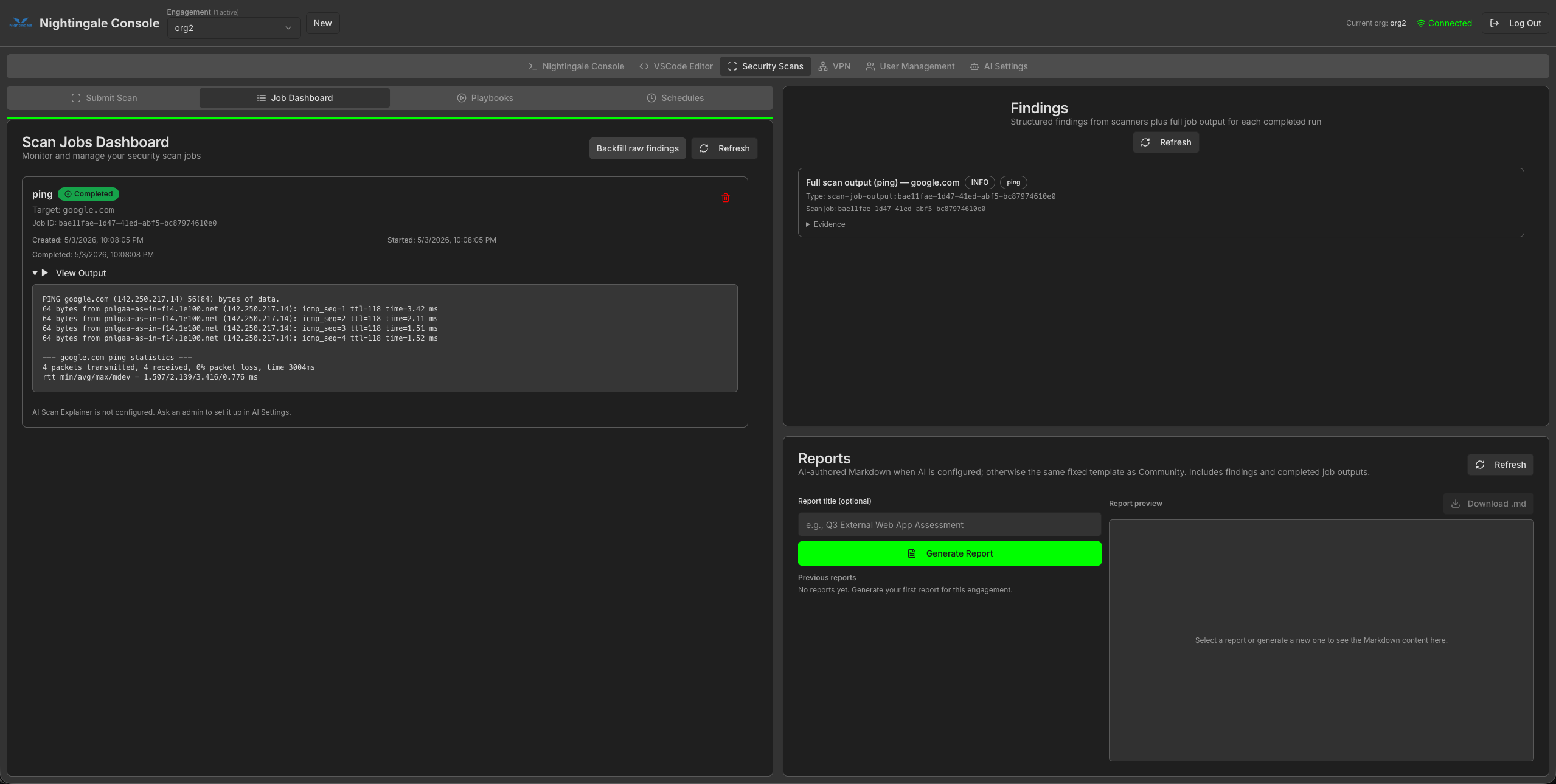 org2 Job Dashboard with completed ping to google.com