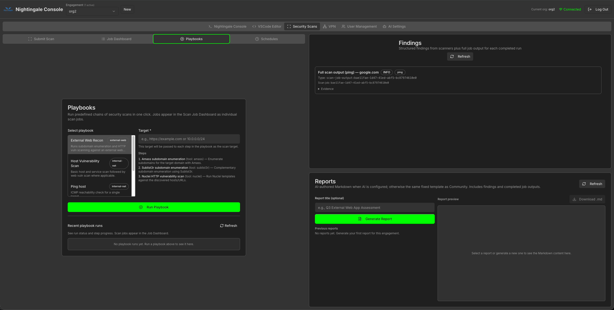 org2 Playbooks: same External Web Recon workflow