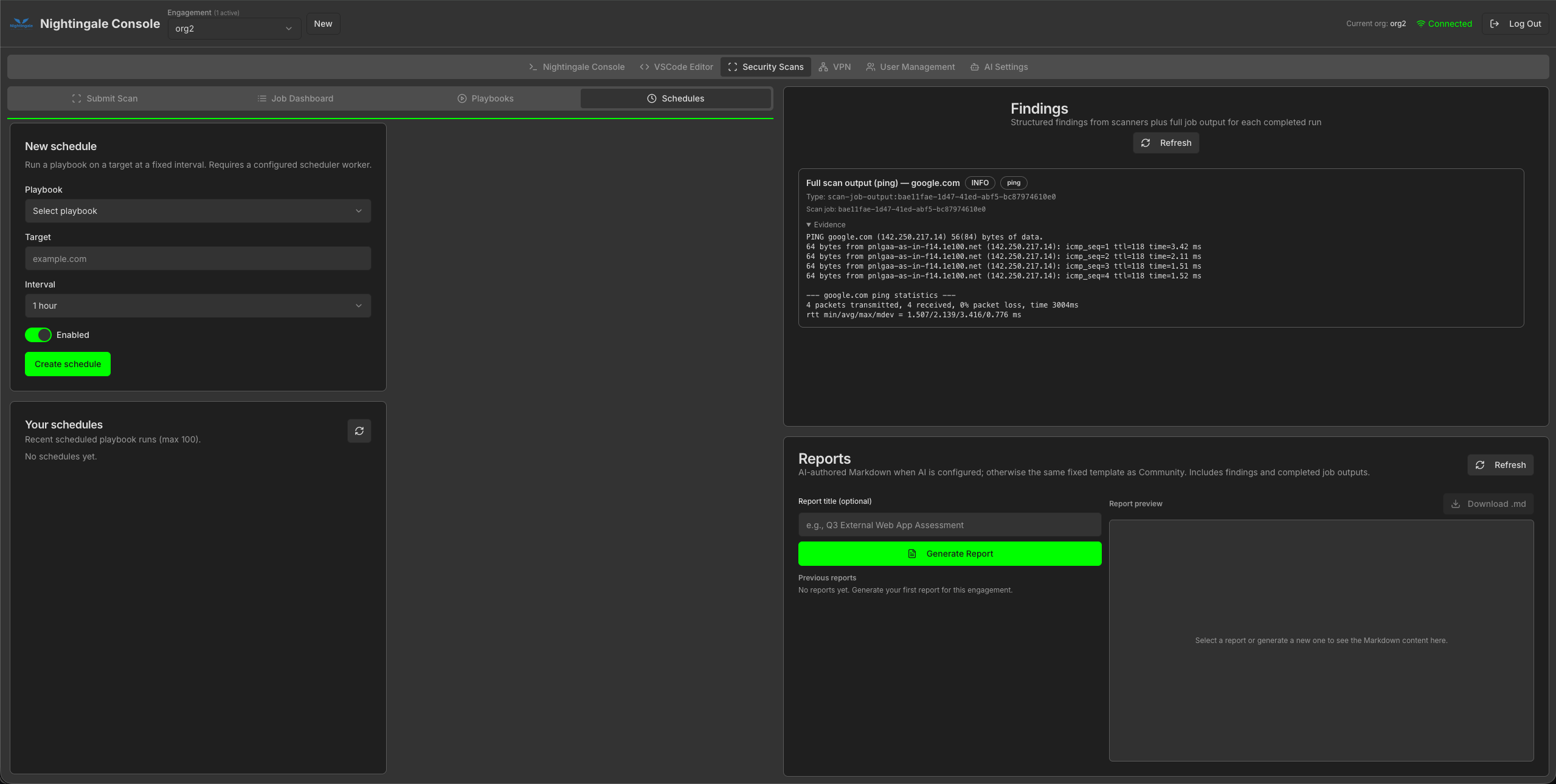 org2 Schedules with findings and empty report preview placeholder