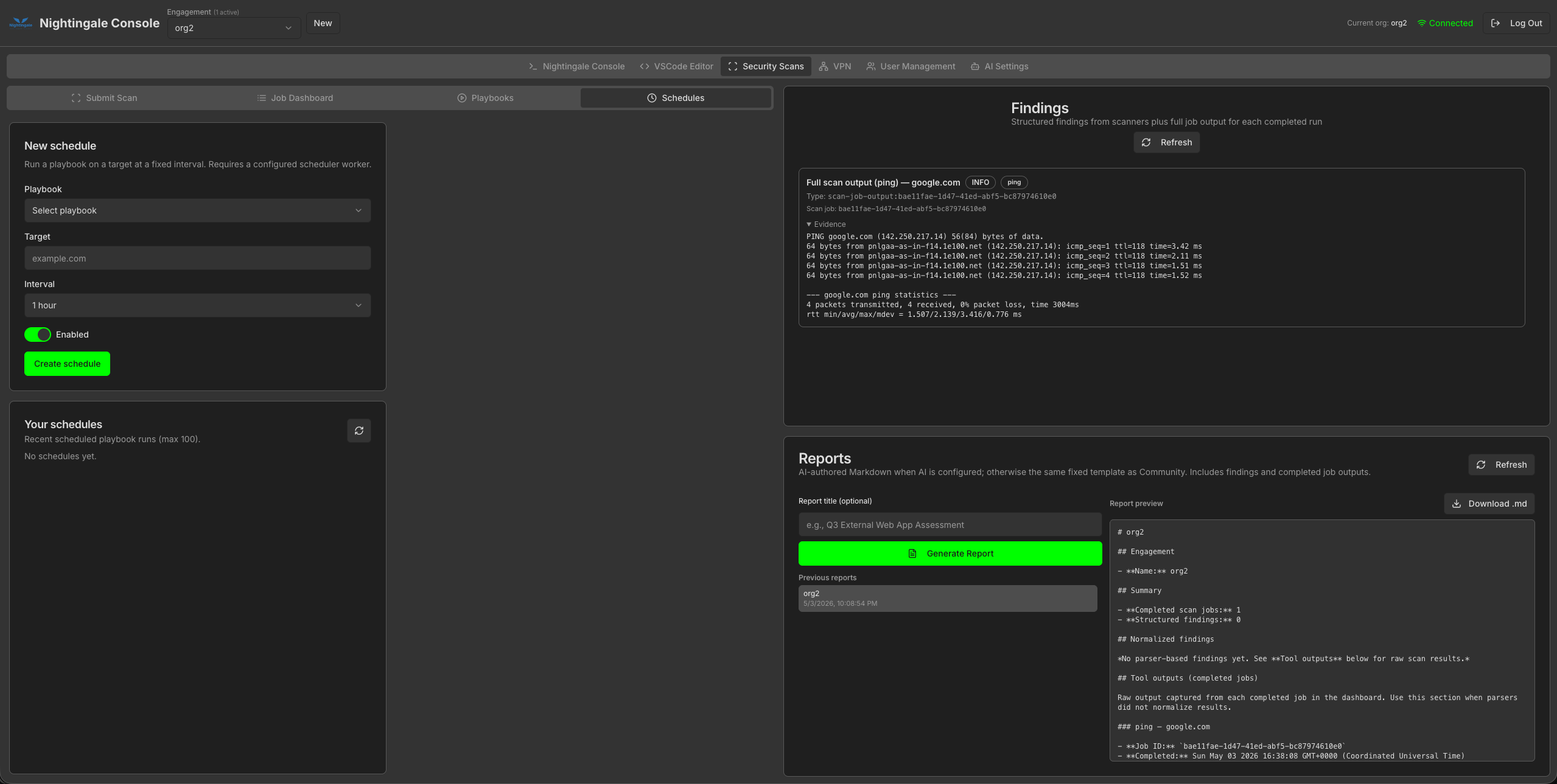 org2 Schedules with findings, ping output, and org2 report preview