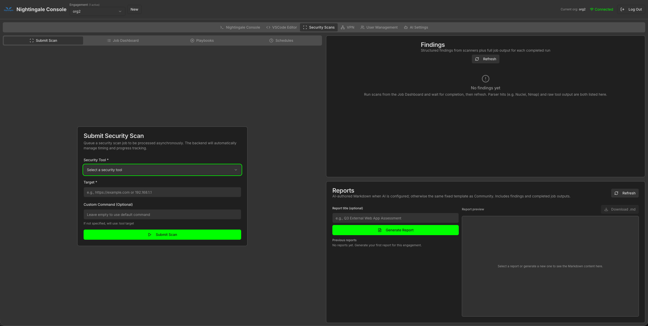 org2 Security Scans: Submit Scan form with empty findings panel
