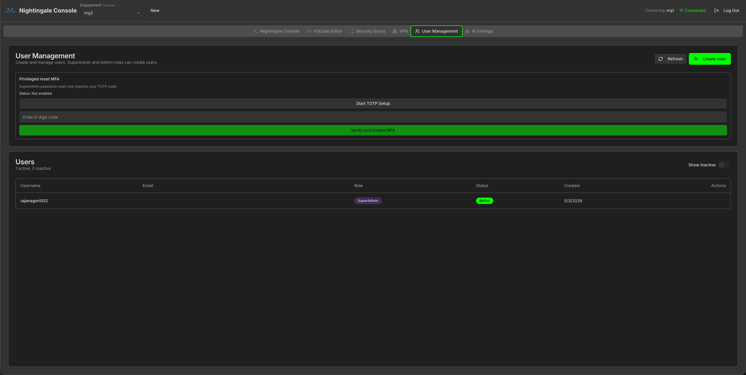 org2 User Management with MFA setup and SuperAdmin user