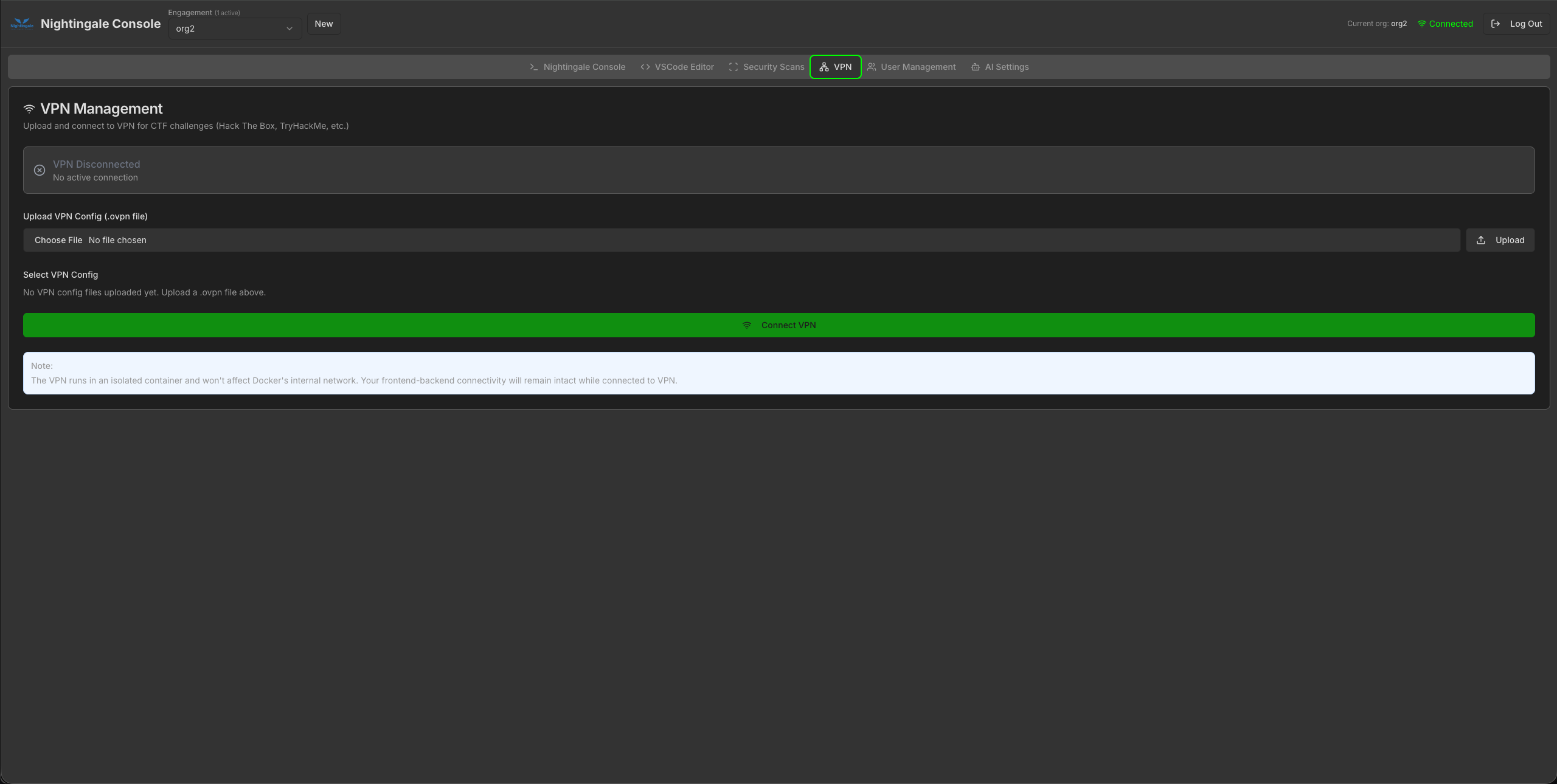 org2 VPN Management with no config uploaded yet