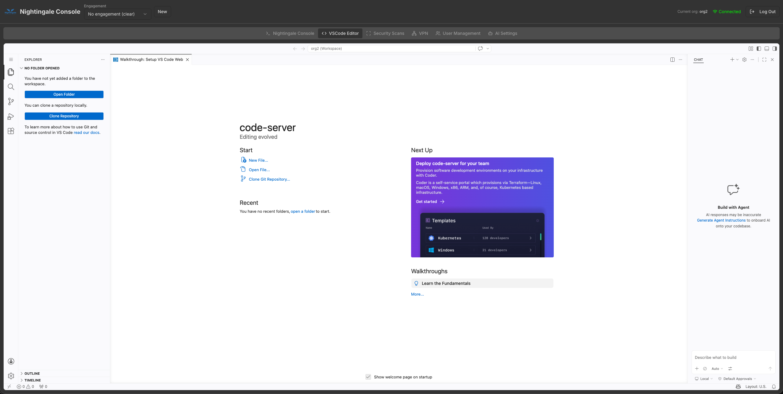 Embedded VS Code for org2 with empty workspace and Open Folder